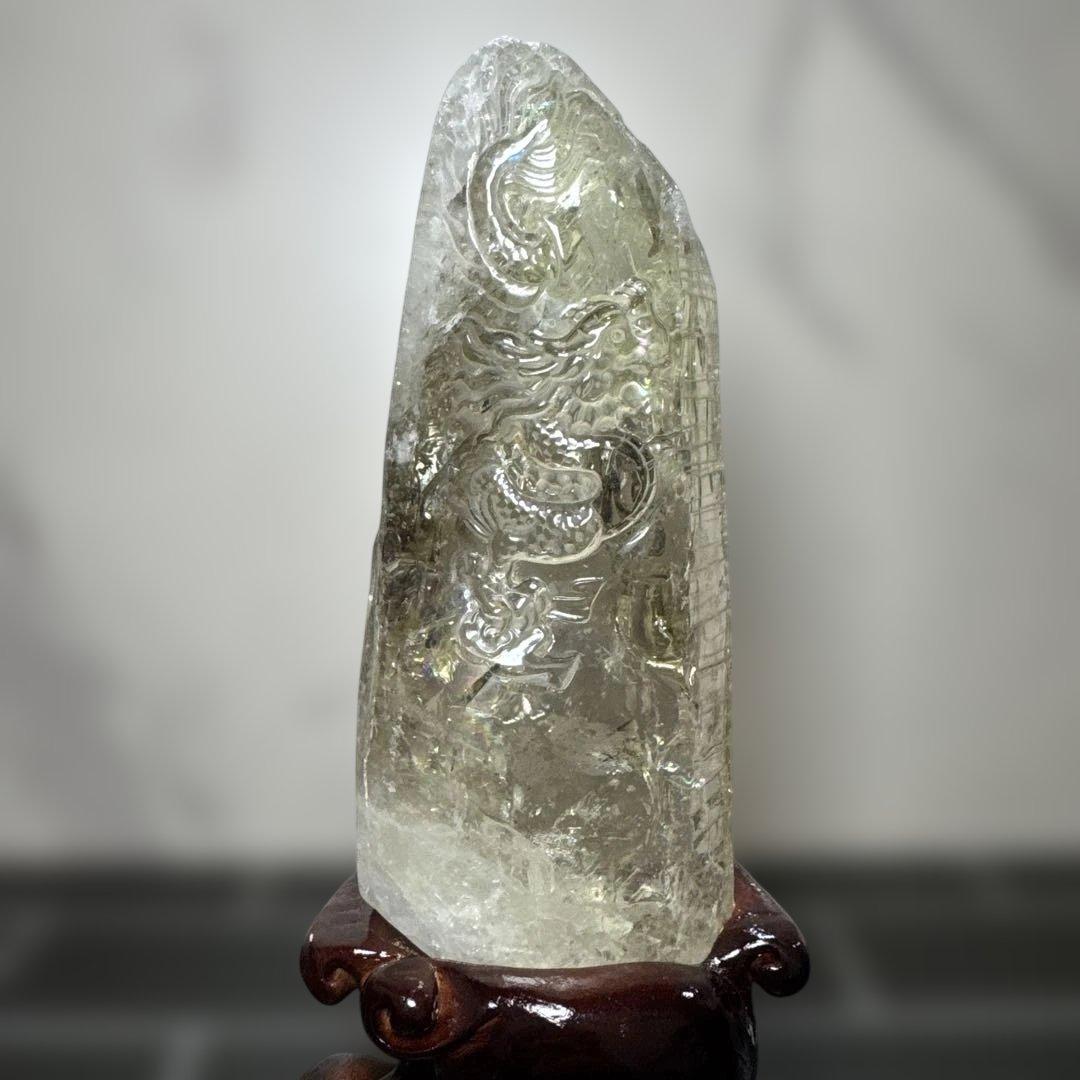 【コレクション】龍彫刻 シトリン原石 747g 高透明 虹入り 台座付