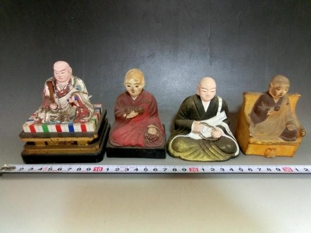 土人形■仏像 4体 空海 弘法大師 親鸞？坐像 御坊様 木彫り 土物 骨董品■