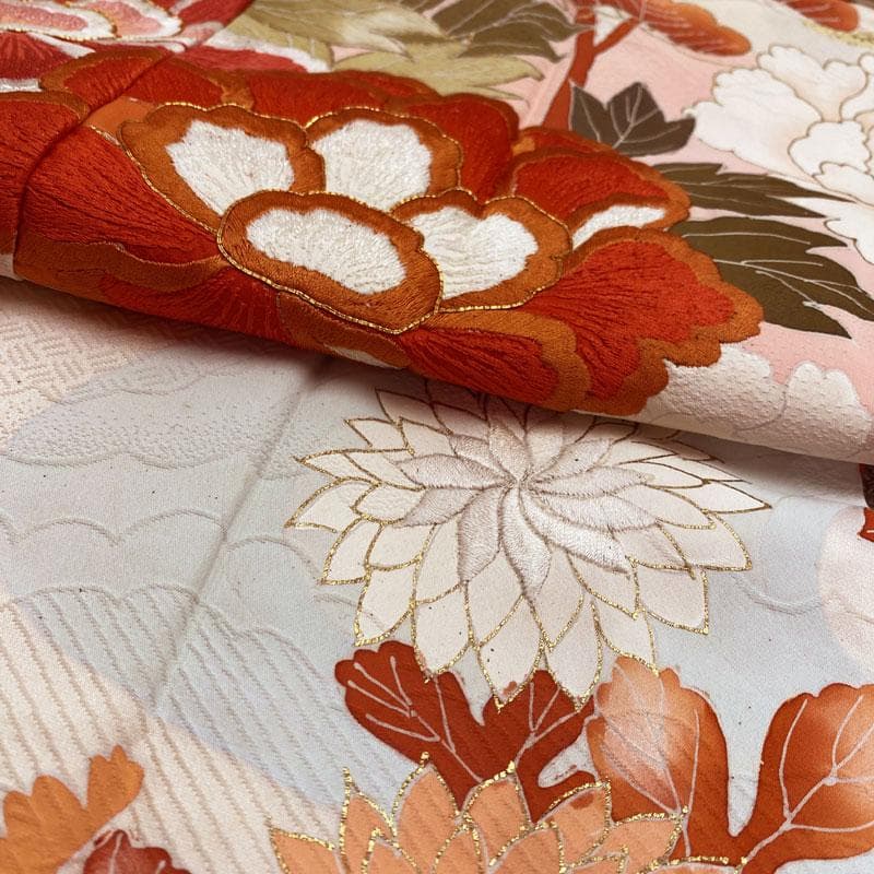 504ag78◎七五三 七歳 女児 着物&袋帯 牡丹菊梅松 地紋 金彩 刺繍◎