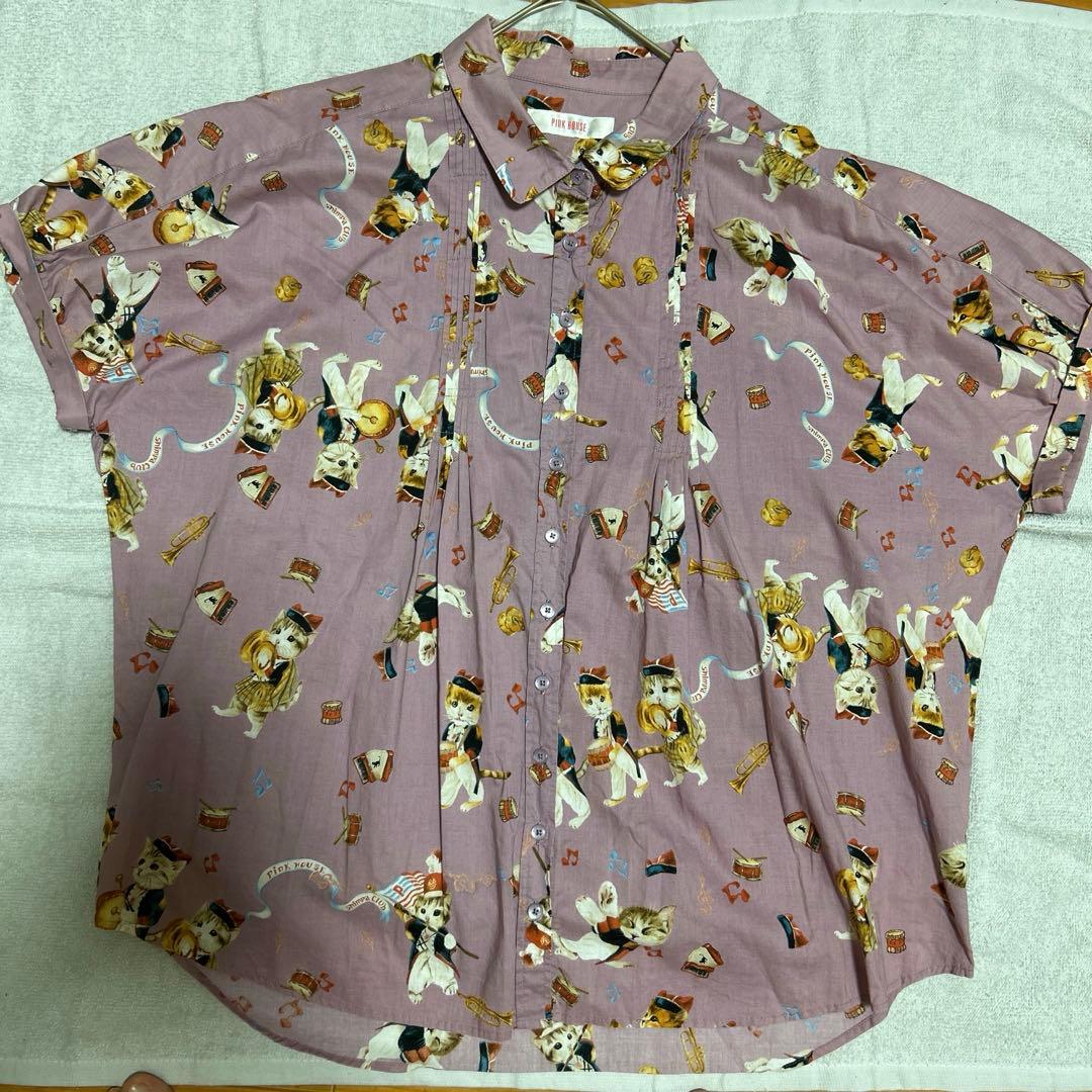 PINK HOUSE プリント柄 半袖シャツ　ネコ柄