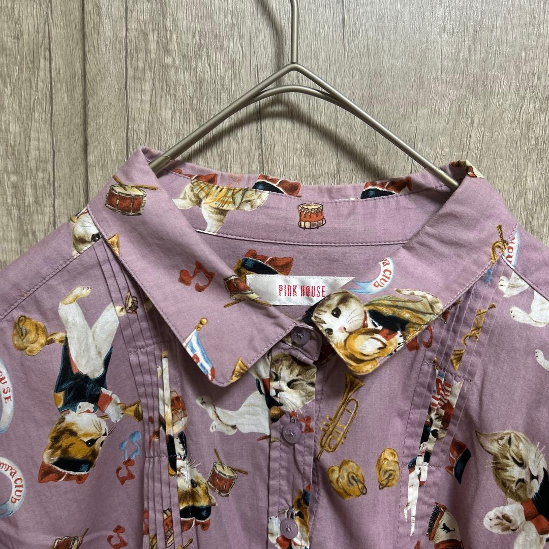 PINK HOUSE プリント柄 半袖シャツ　ネコ柄
