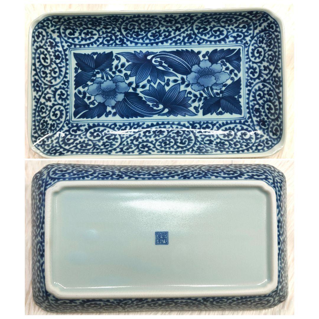 【新品未使用品】龍峰窯 染付古伊万里焼物皿 蛸唐草 牡丹　角皿5枚セット