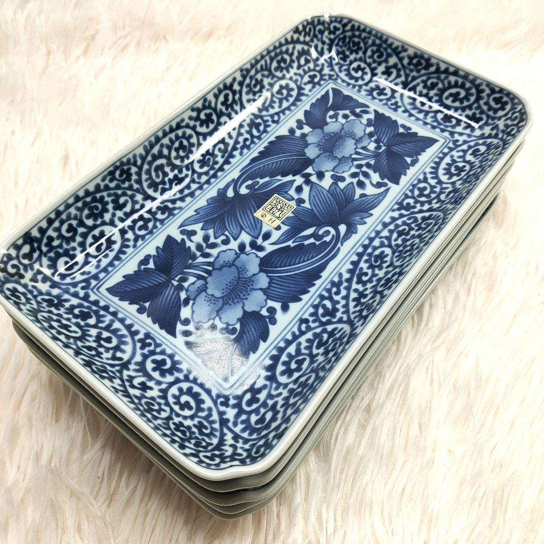 【新品未使用品】龍峰窯 染付古伊万里焼物皿 蛸唐草 牡丹　角皿5枚セット
