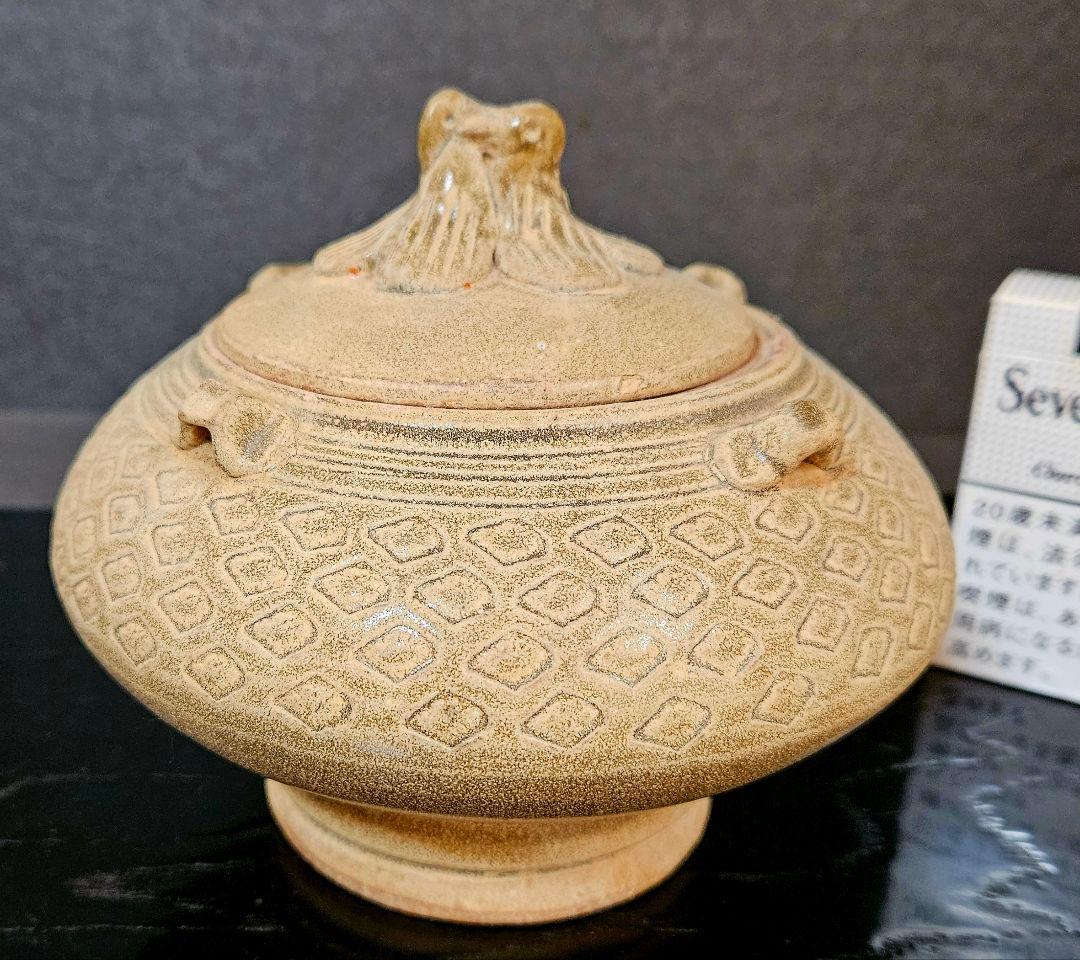 【名品❗】中国古陶磁器　宋時代　古越州窯　ツガイ鳥摘み　亀甲文　四耳　蓋物　香炉