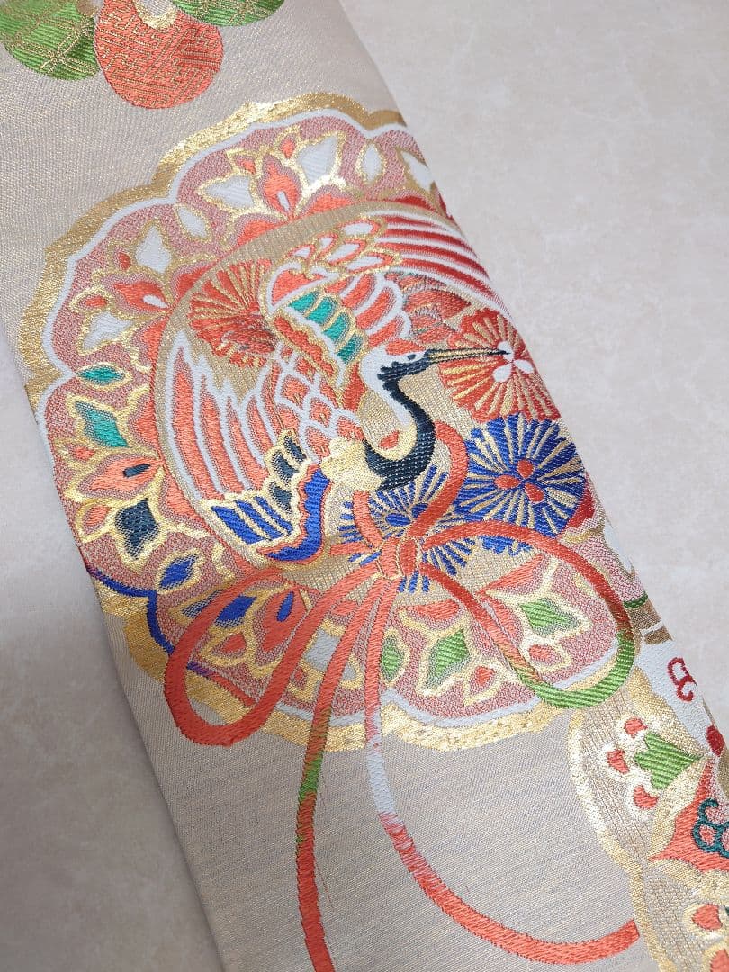 正絹袋帯からの作り帯　文庫結び　アンティーク　七五三　ジュニア帯　鶴　一点物