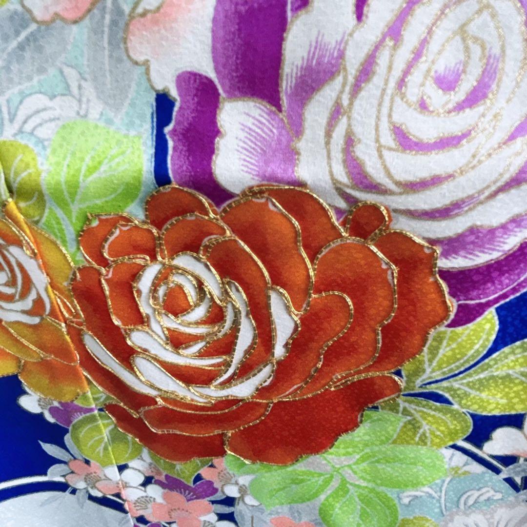 セット　七五三７歳女の子　着物＆袋帯＆袖なし長襦袢＆小物　青　蝶バラ金糸　孔雀