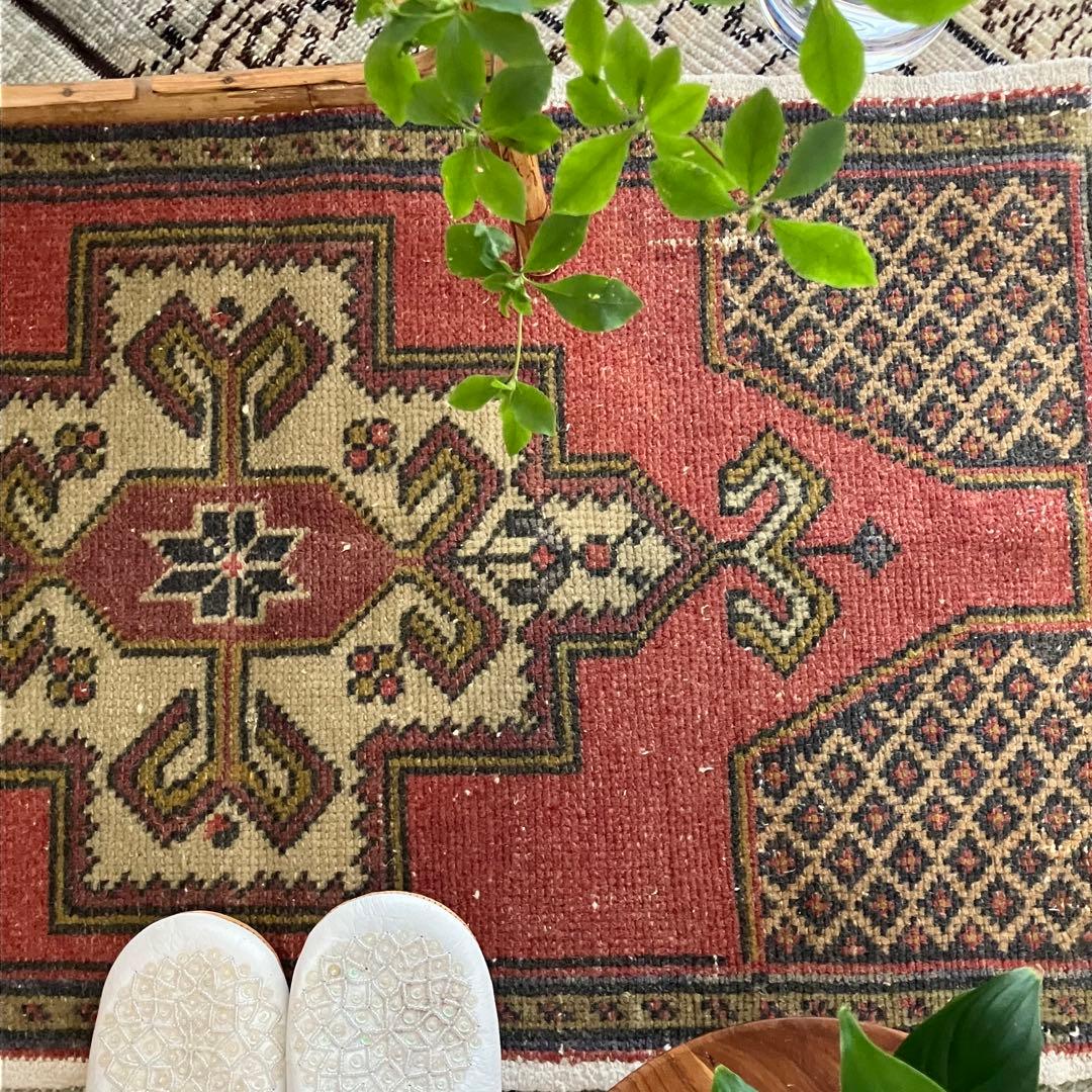 上品✳︎55×99✳︎くすみピンク　穏やかグレー　メダリオン　トルコヴィンテージラグ