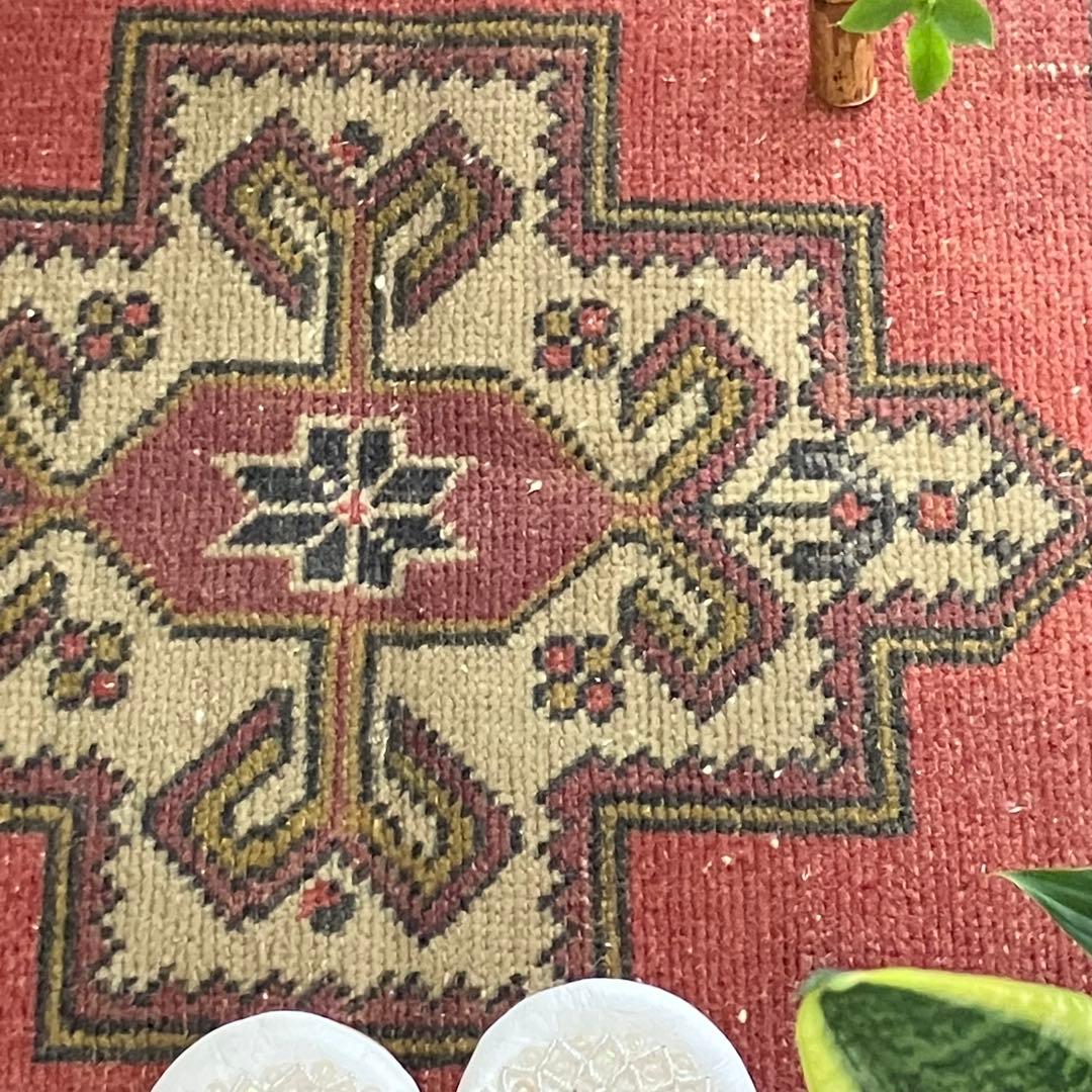 上品✳︎55×99✳︎くすみピンク　穏やかグレー　メダリオン　トルコヴィンテージラグ