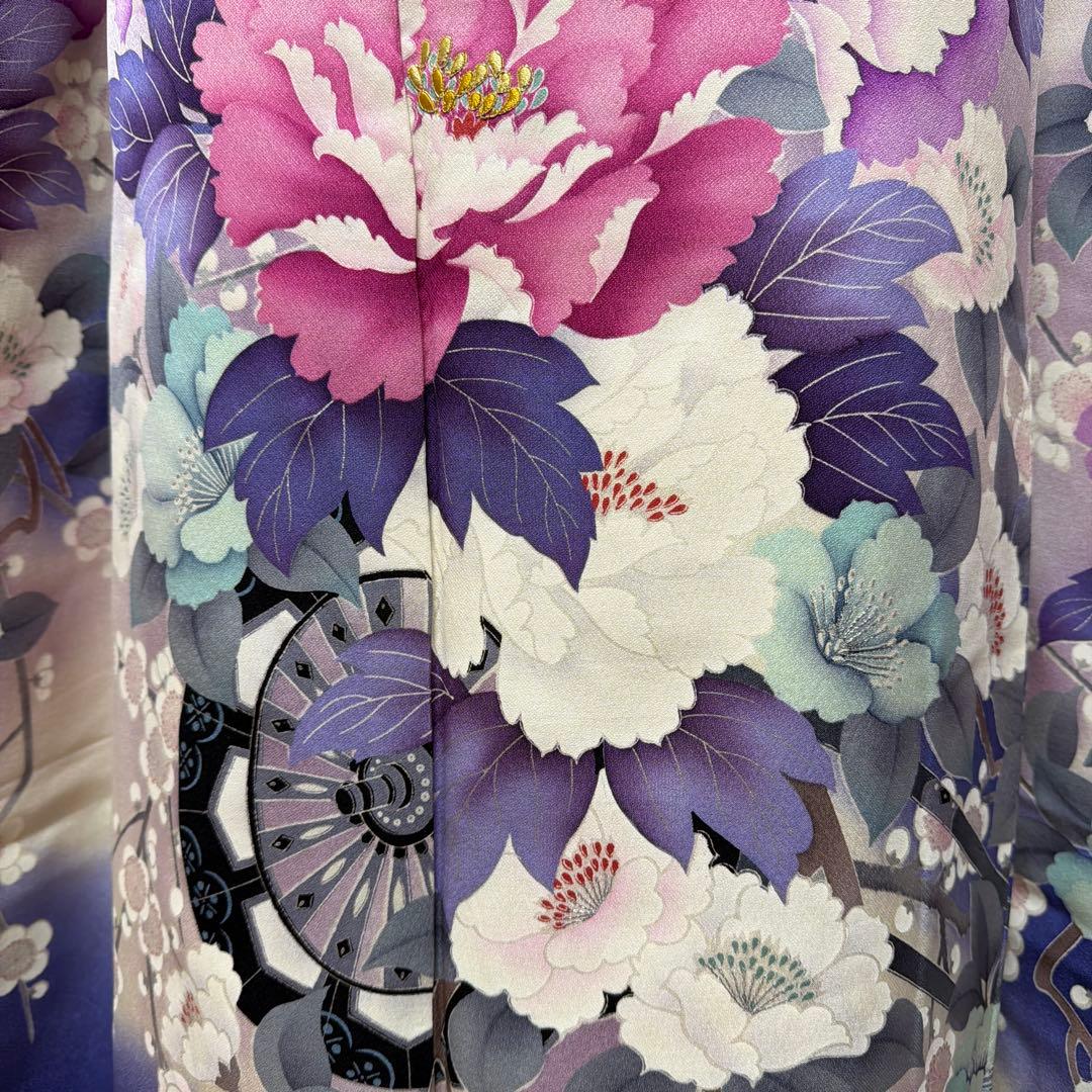 20 振袖フルセット 正絹 ブルー 青紫 赤紫 銀彩 刺繍 暈し染め 華やか