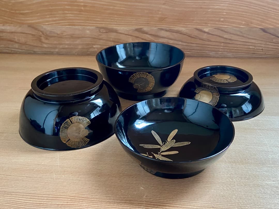 能登に伝わる古民芸 黒漆 福良雀蒔絵 お椀 2客 / 黒塗 漆器椀 蒔絵椀