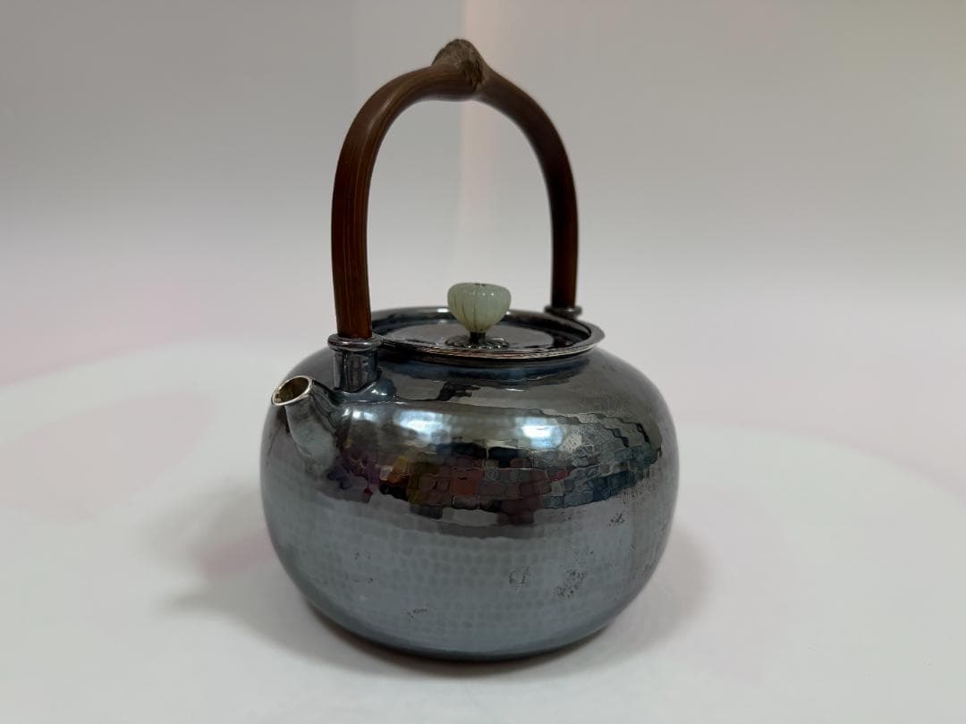純銀製 玉石摘 鎚目紋 湯沸 銀瓶 煎茶道具