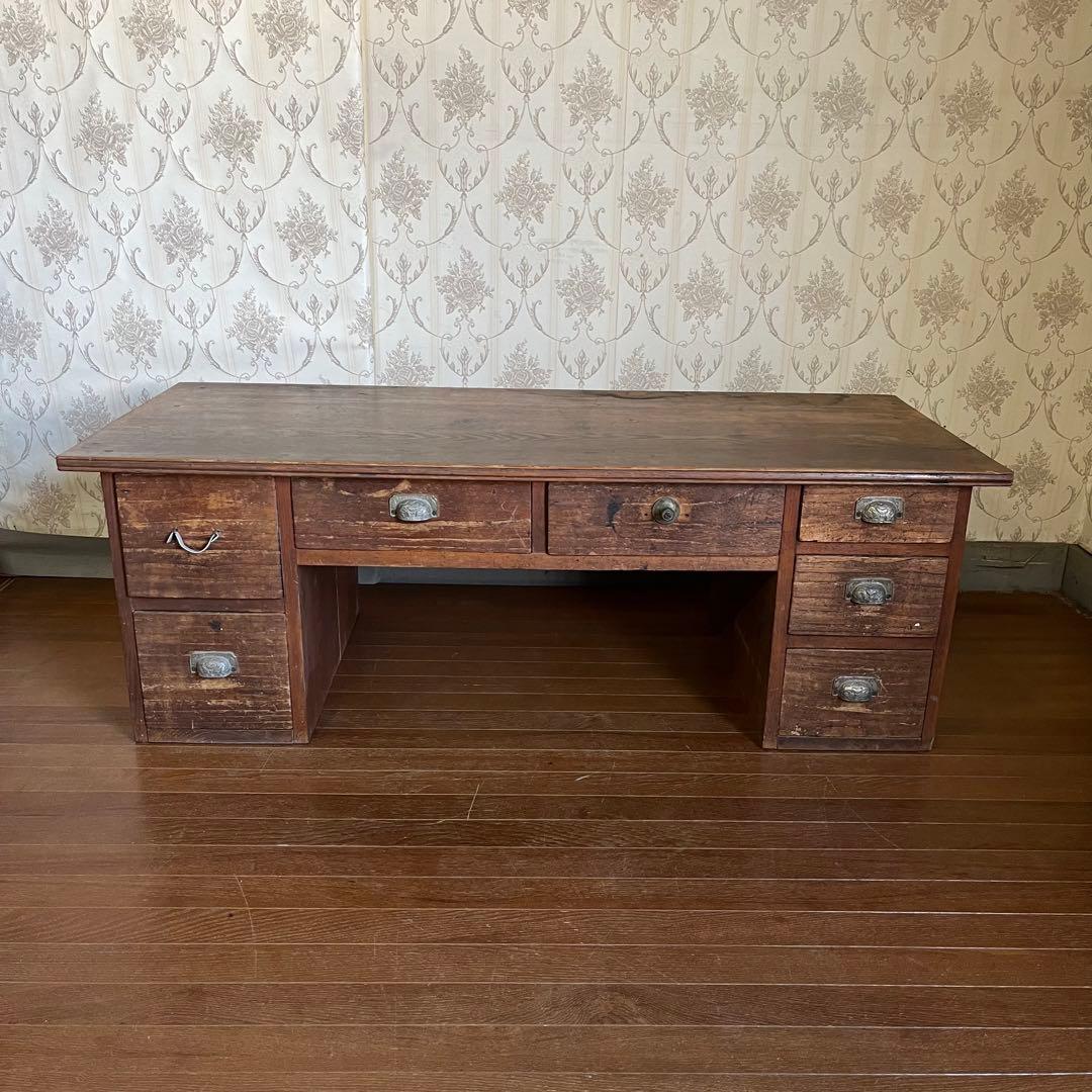 【アンティーク】木製 無垢 文机 作業台 引き出し 書斎机 座卓 古民家 古道具