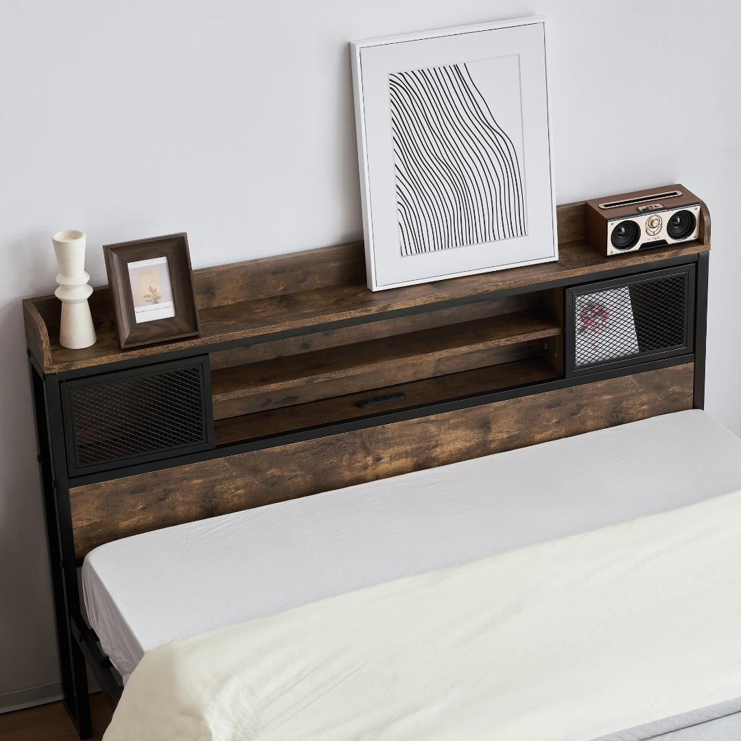 ベッドフレーム ダブルダブルベッド宮付き木コンセント ベッド木製下収納北欧風 D