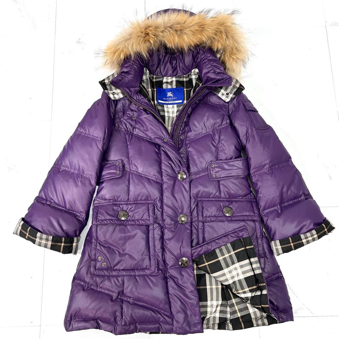 バーバリーブルーレーベル ノバチェック ロングダウンコート レディース パープル