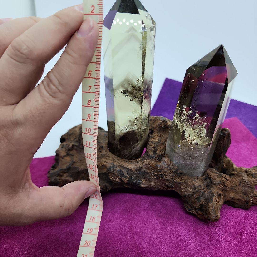 スモーキーシトリンファントム入水晶ポイント2本セット・専用木製台座付き