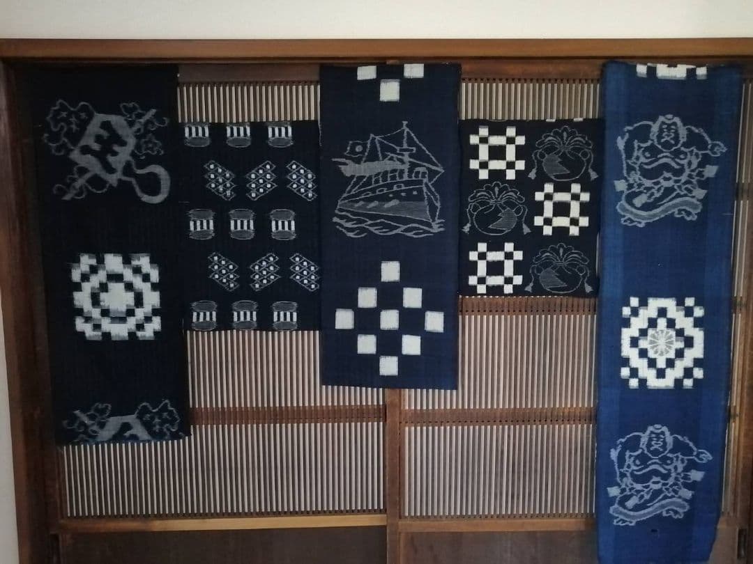 古い絵絣ハギレ　人気の絵柄5種5点