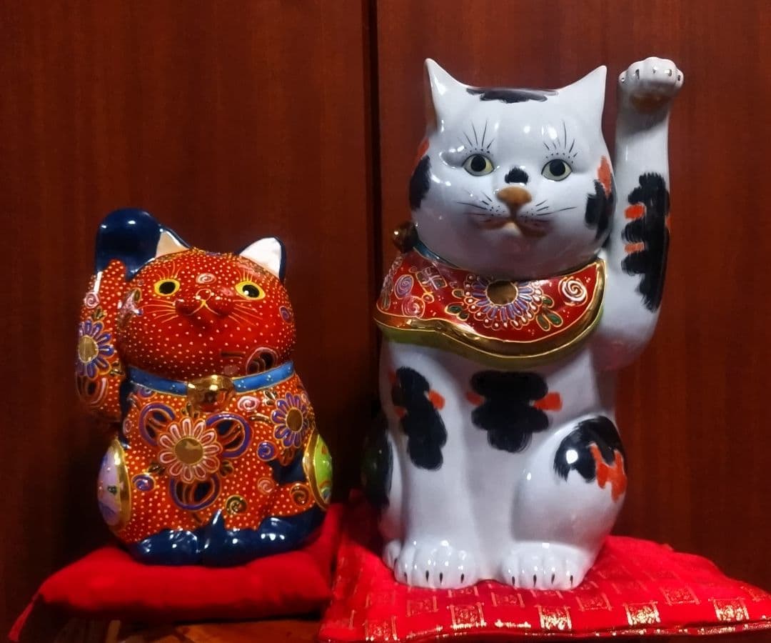 【マメルリハ様】九谷焼 招き猫 三毛盛り 10号＆赤盛７号座布団付き