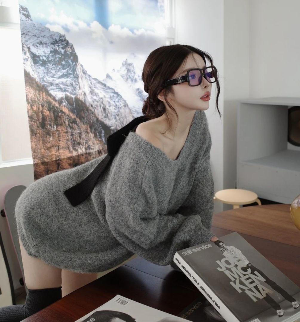 は る か Darich ビッグリボンバックオープンニットトップス