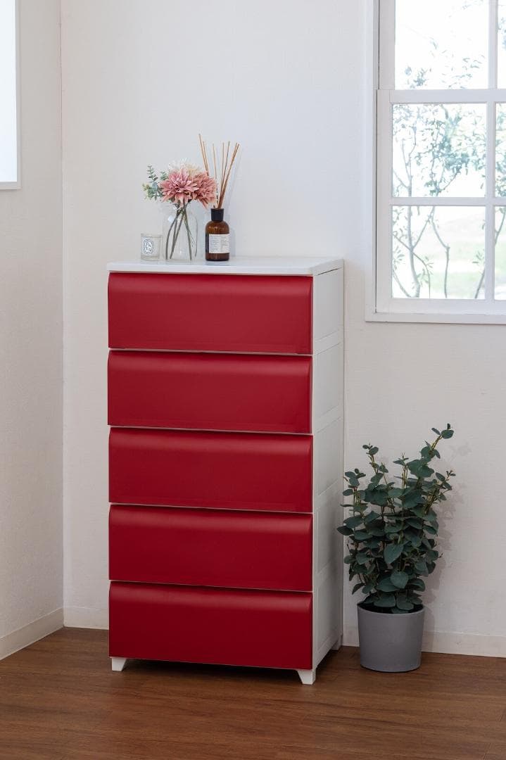 PES CST　収納チェスト　5段　日本製　ホワイト＊レッド　ワイド