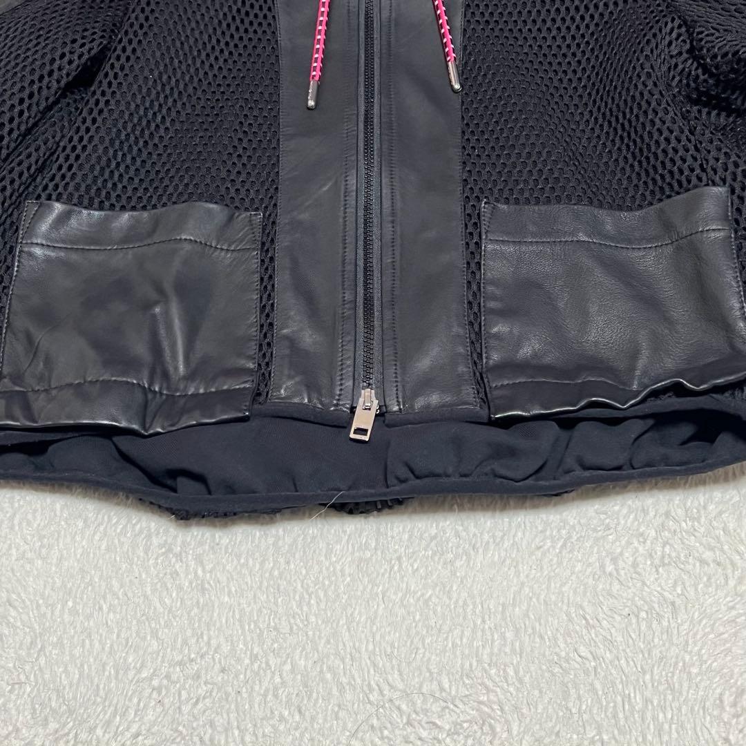 【美品】ディーゼル　レザーメッシュフーディージャケット　羊革　黒　S　レディース