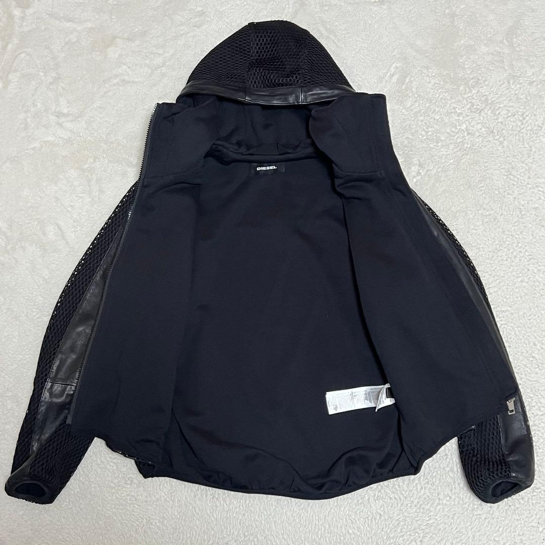 【美品】ディーゼル　レザーメッシュフーディージャケット　羊革　黒　S　レディース