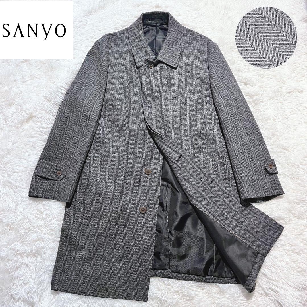 SANYO サンヨー 三陽商会 ウール ヘリンボーン ステンカラーコート LL