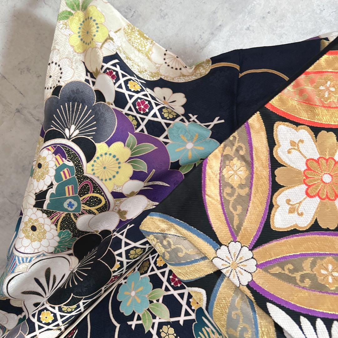 振袖　フルセット　ヤマト謹製　濃いネイビー　豪華　モノトーン　成人式　二十歳