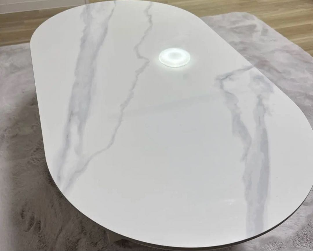 大理石柄 白 セラミック ローテーブル 楕円型 100cm 引き出し収納付き
