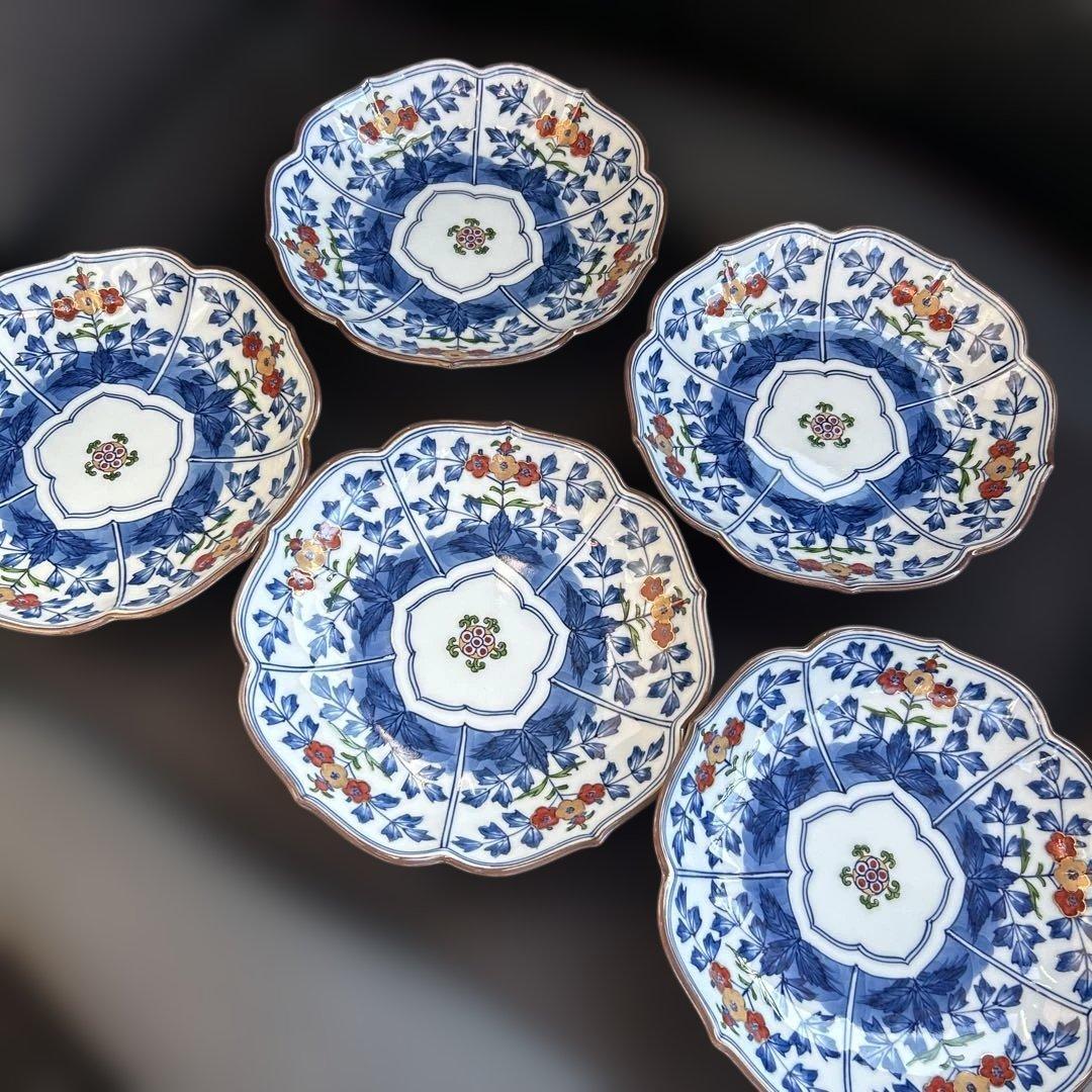 値下げしました　美品　源右衛門　直径17cm 花柄青装飾フラワー型皿5枚セット