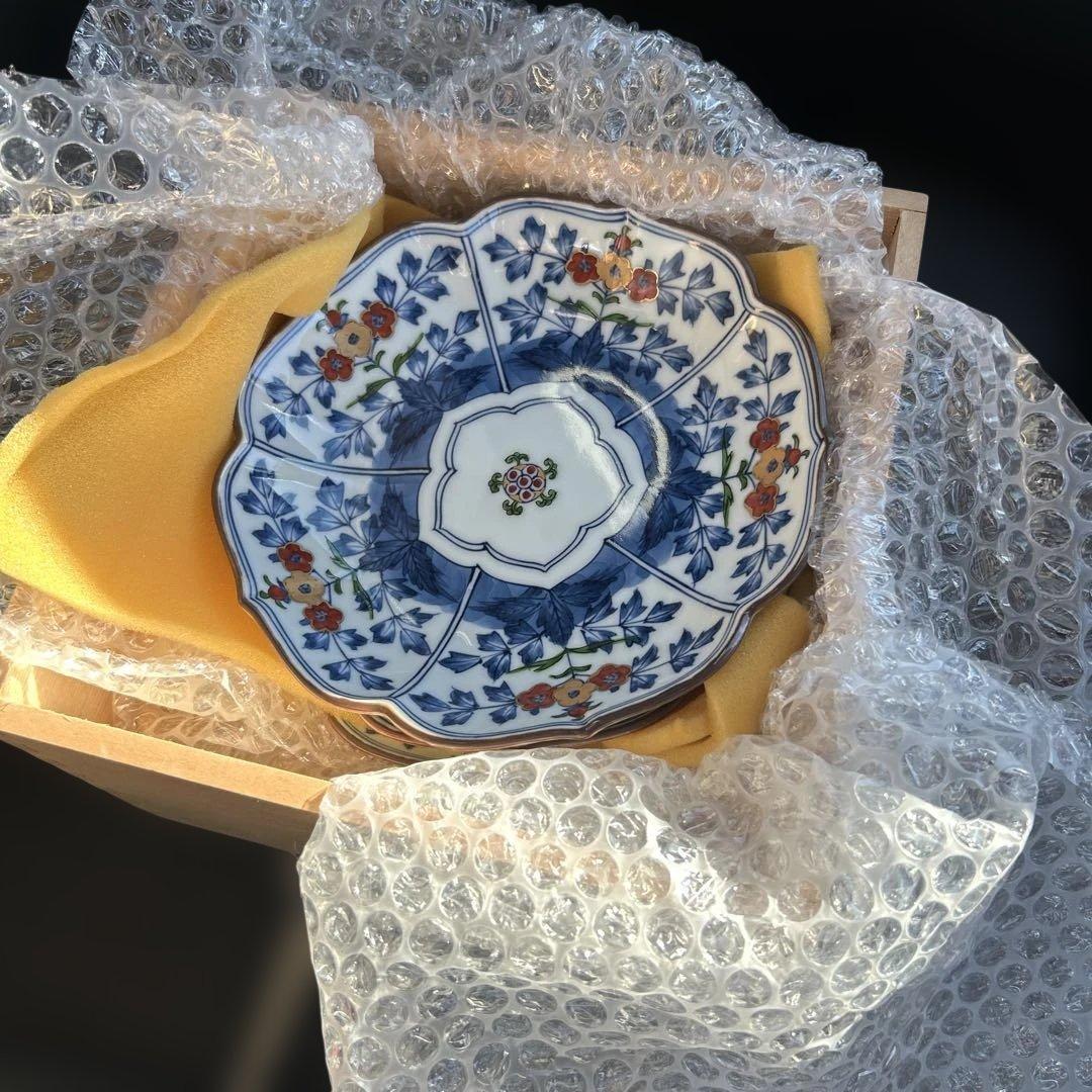 値下げしました　美品　源右衛門　直径17cm 花柄青装飾フラワー型皿5枚セット