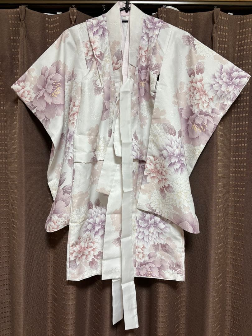 七五三　3歳女の子被布　くすみピンク　ホワイトぴんく白牡丹　ベロア　5点セット