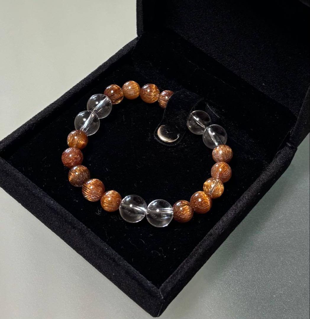 ゴールドキャッツアイルチル 水晶　ブレスレット（ルチル８mm、水晶１０mm）