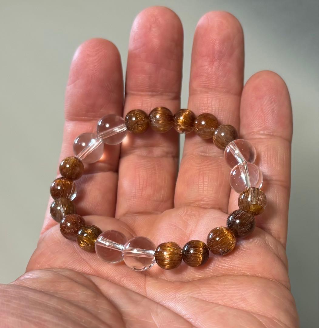 ゴールドキャッツアイルチル 水晶　ブレスレット（ルチル８mm、水晶１０mm）