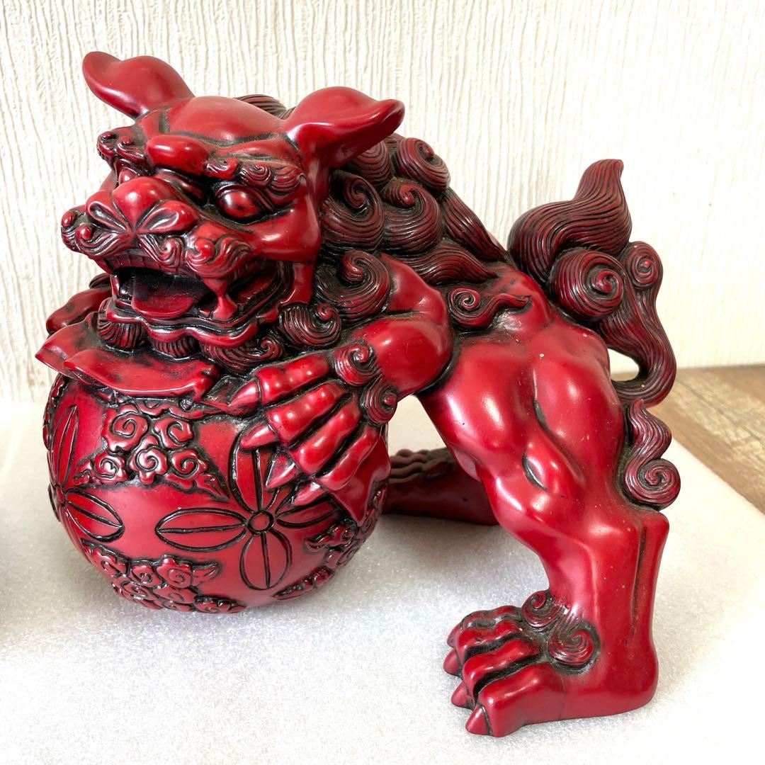 【送料無料】シーサー　寿山石　赤色 獅子像 置物 2体セット　大　魔除け