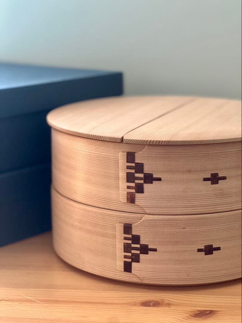 柴田慶信商店　秋田杉　曲げわっぱ　 無塗装　白木　飯切 おひつ　ハ寸　二段重