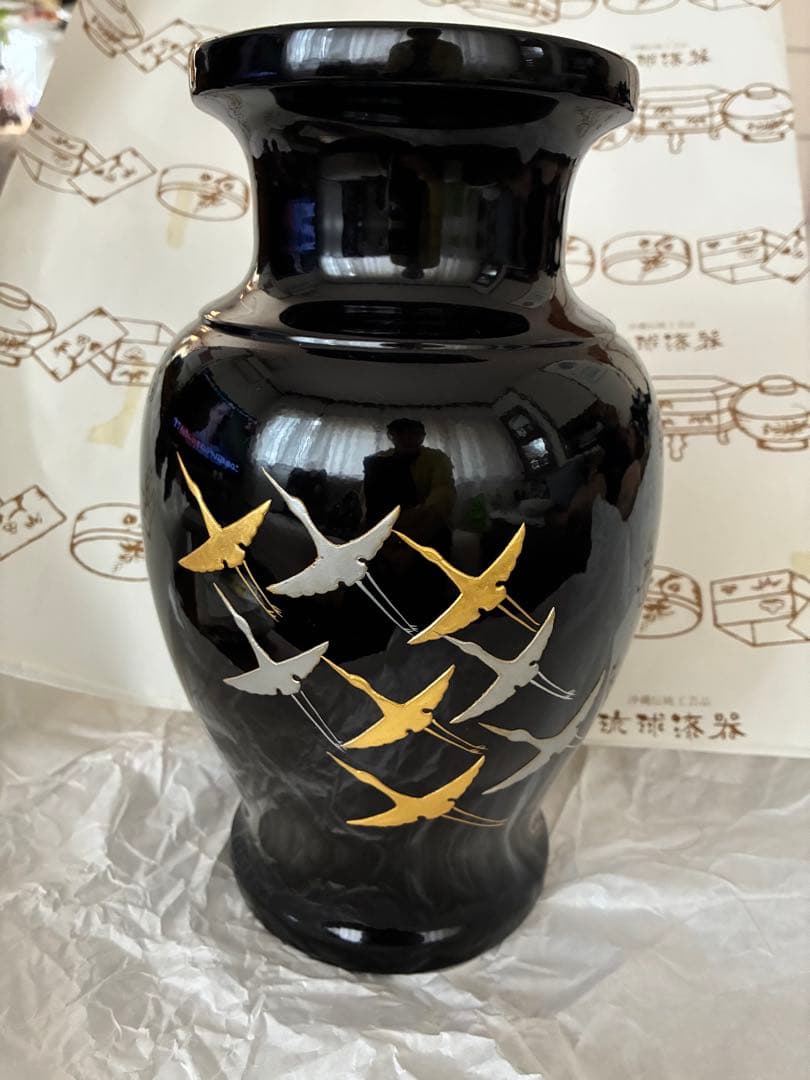 琉球漆器　花器　天然木　天然漆　鶴文様　琉球塗　25センチ　大きいサイズ