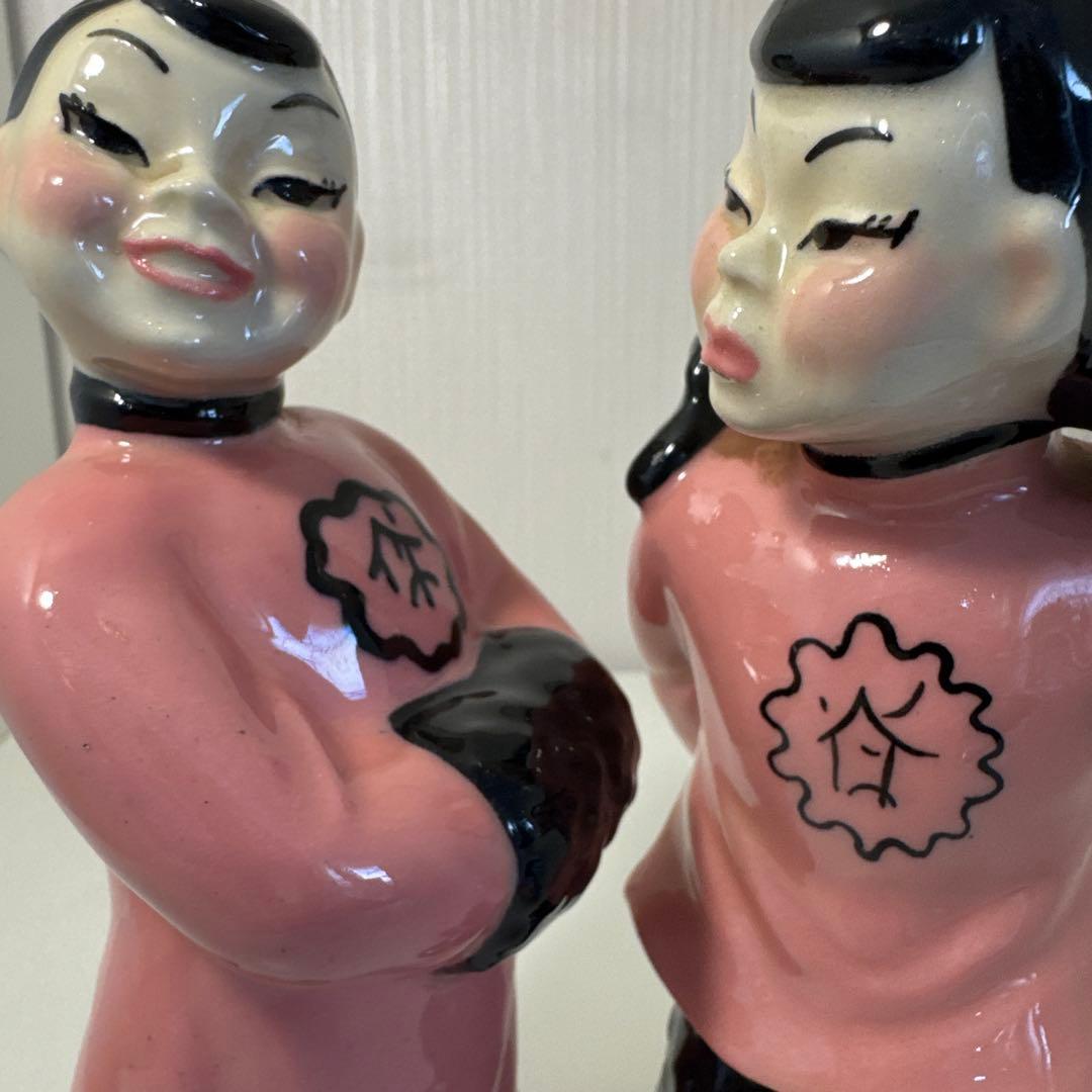 男女の陶器製置物 ピンク　ビンテージ オリエンタル　50s セラミックアーツ