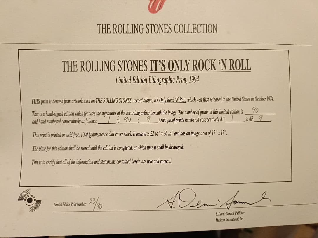 ローリングストーンズ　リトグラフ 直筆サイン付き 23/90