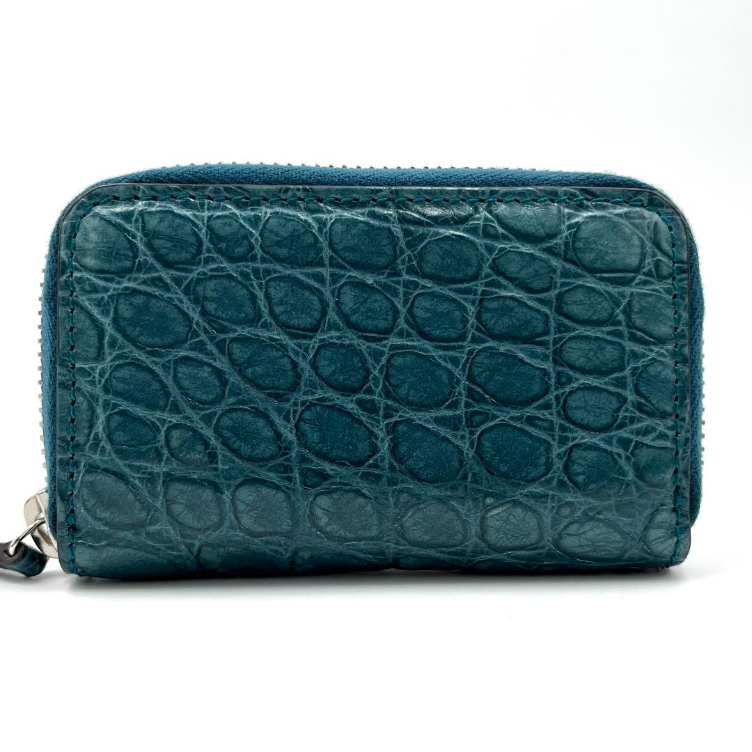 【未使用保管品】グッチ ケース クロコ ラウンドジップ ターコイズブルー