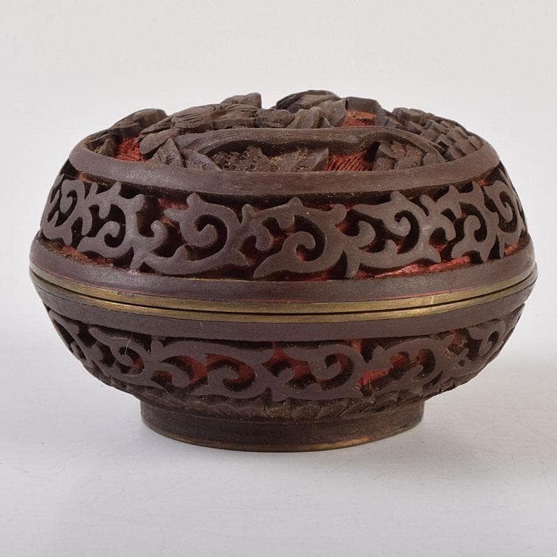 中国　堆朱　堆黒 　内七宝　山水人物文　香合　V　R9265