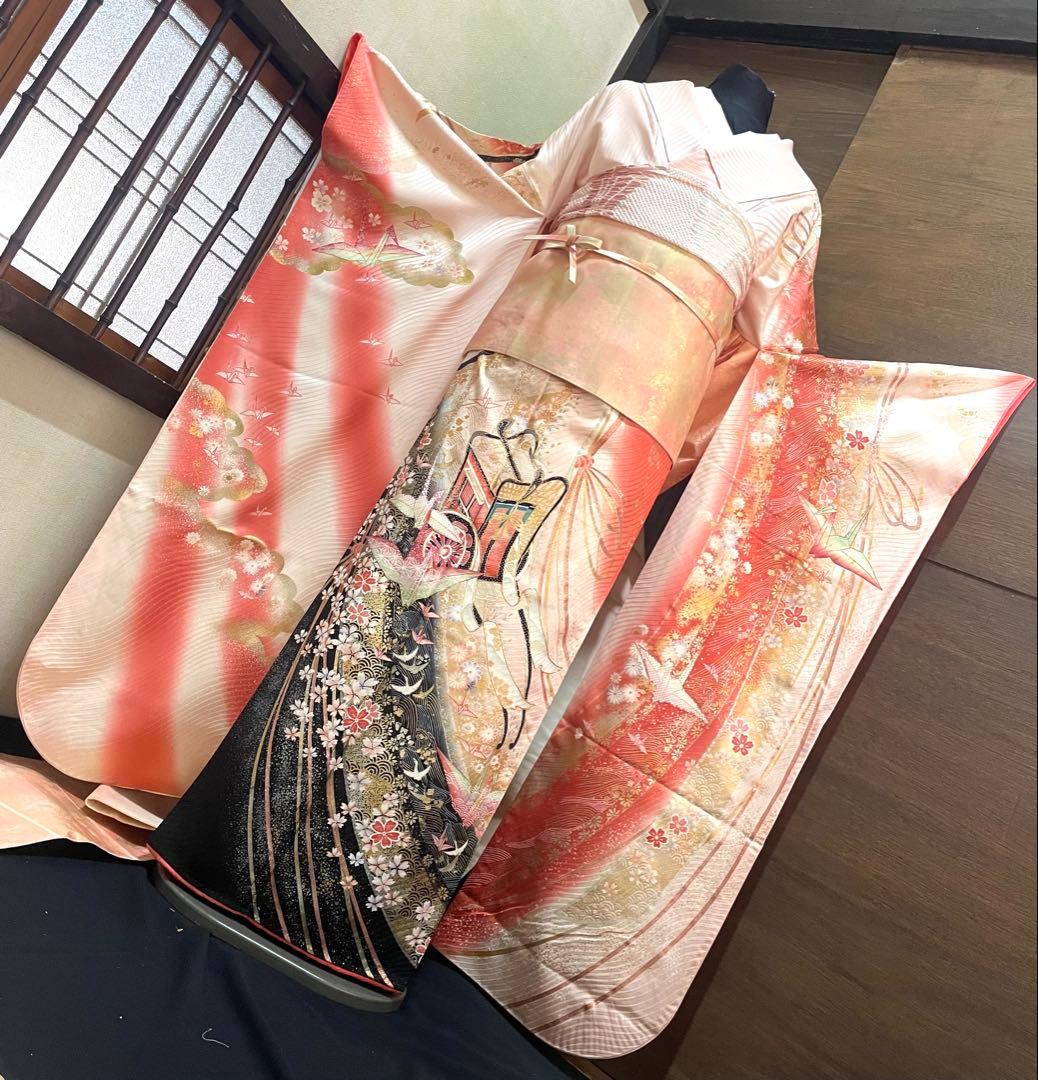 振袖 フルセット6点サイズM〜Ｌ駒刺繍　御所車花文折り鶴　暈し染め金銀彩　正絹