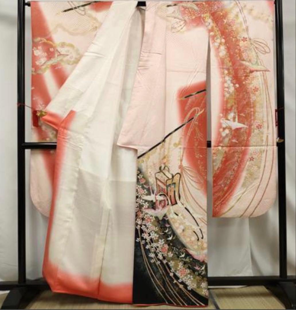 振袖 フルセット6点サイズM〜Ｌ駒刺繍　御所車花文折り鶴　暈し染め金銀彩　正絹