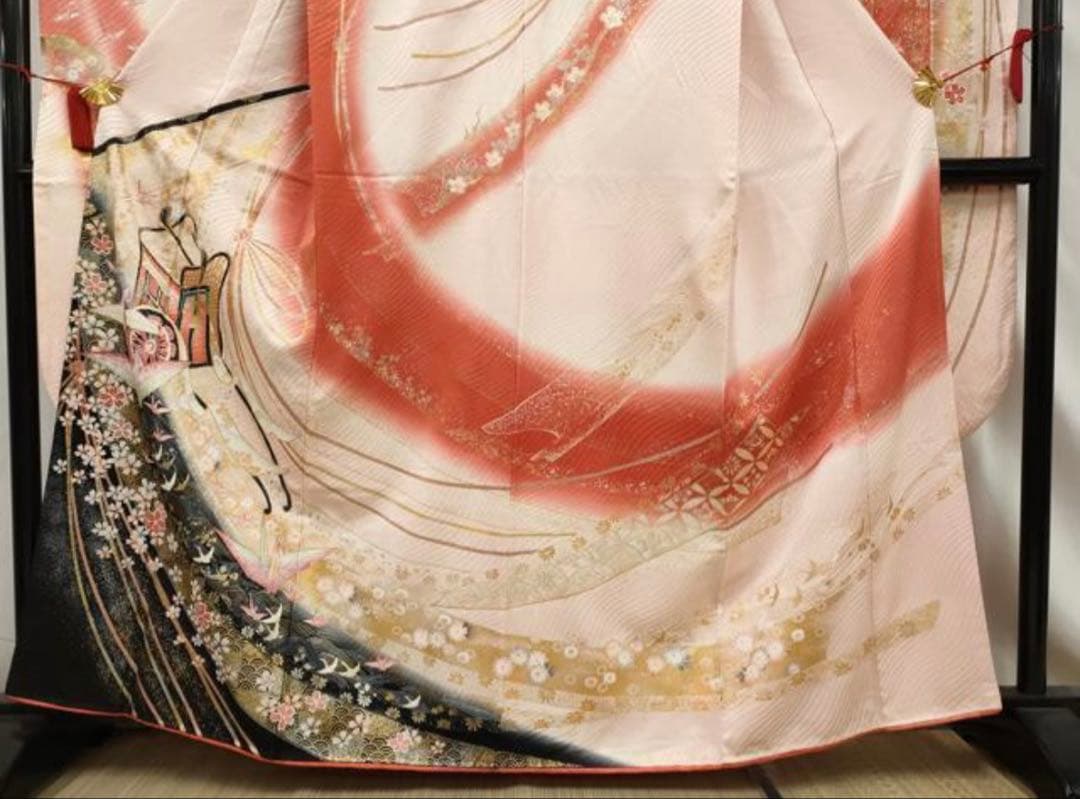 振袖 フルセット6点サイズM〜Ｌ駒刺繍　御所車花文折り鶴　暈し染め金銀彩　正絹