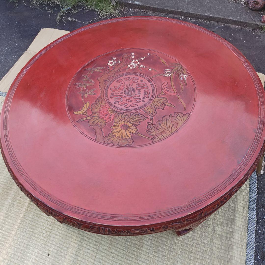 昭和レトロ 大正ロマン 朱色 花柄彫 木製座卓 ちゃぶ台 当時物