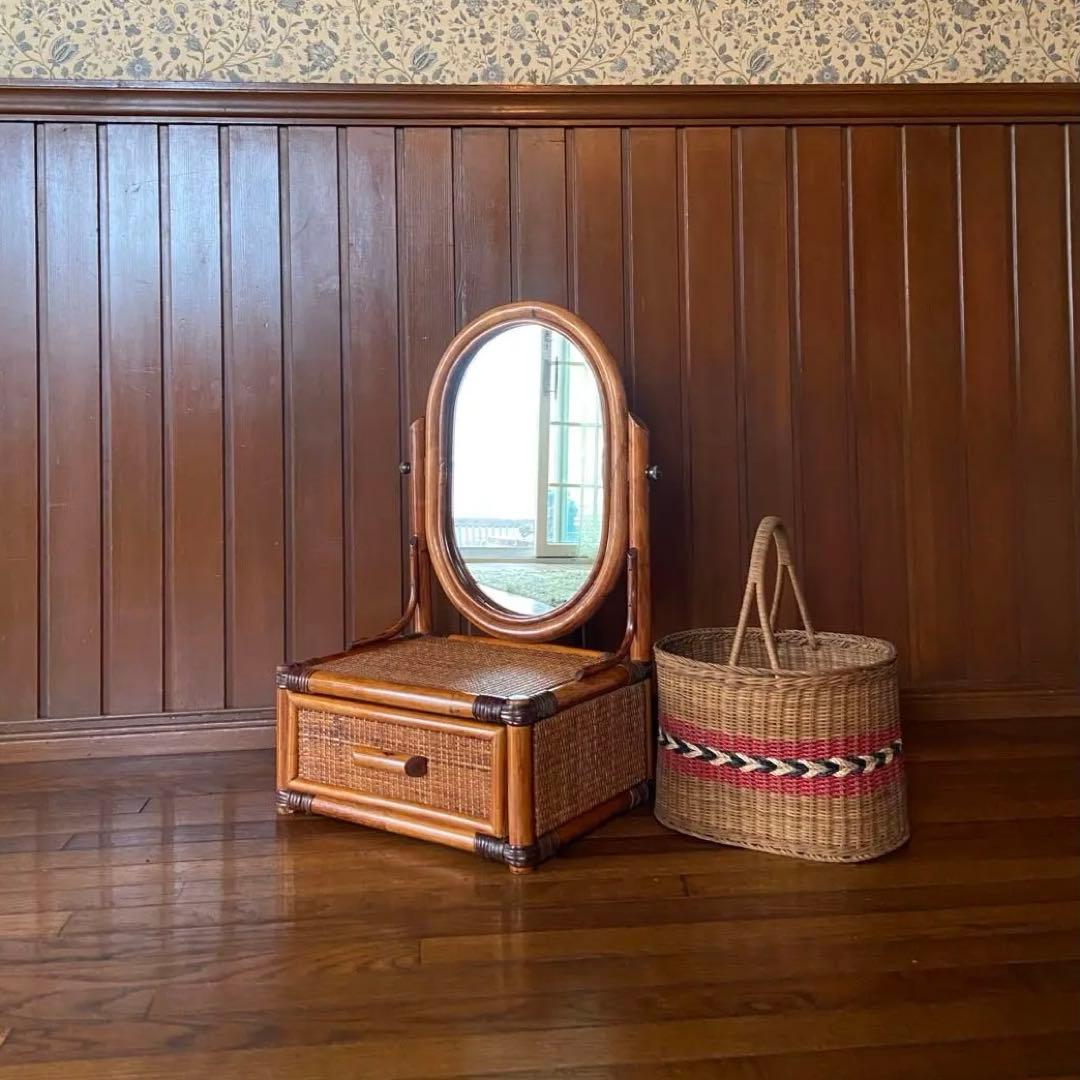 アンティーク　ラタンドレッサー　ミニ鏡台　昭和レトロ　籐製