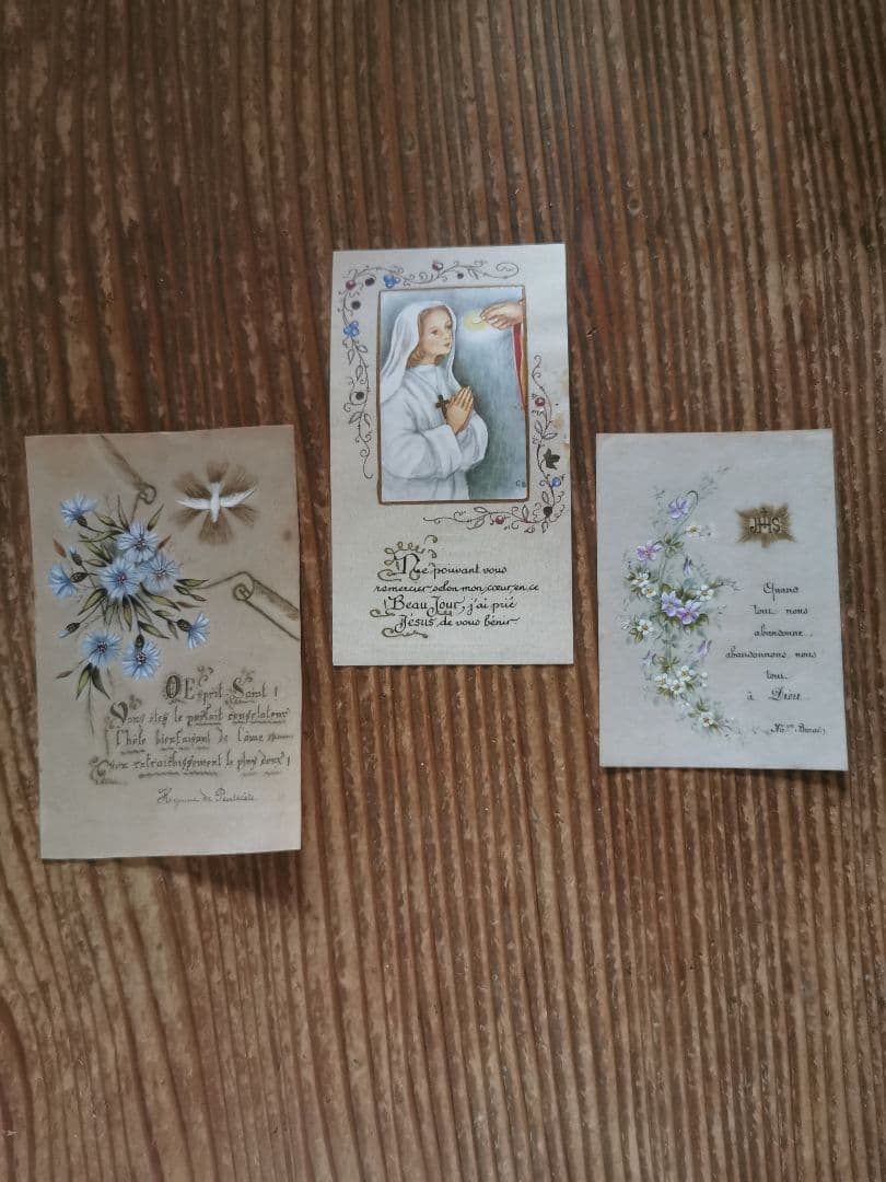 アンティーク 手描ホーリーカード フランス ベルギー 矢車草 初聖体式 菫と菊