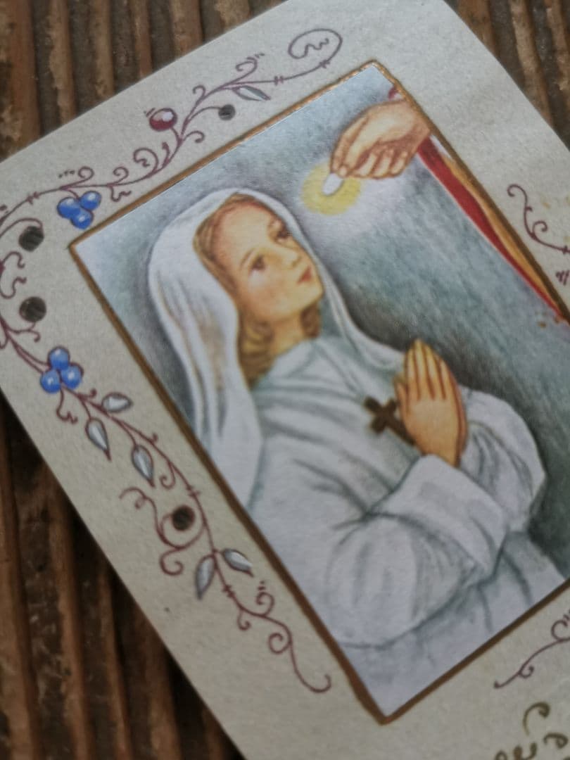 アンティーク 手描ホーリーカード フランス ベルギー 矢車草 初聖体式 菫と菊