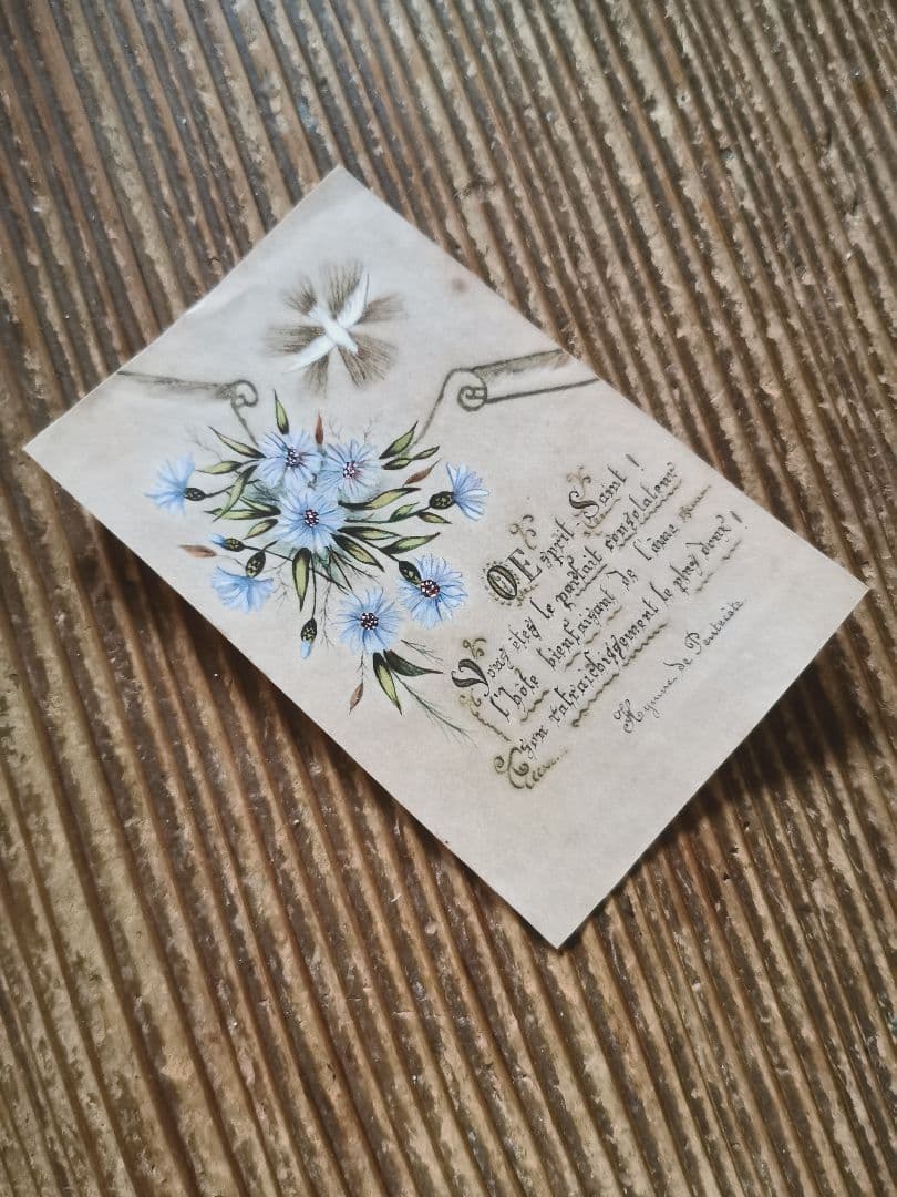 アンティーク 手描ホーリーカード フランス ベルギー 矢車草 初聖体式 菫と菊