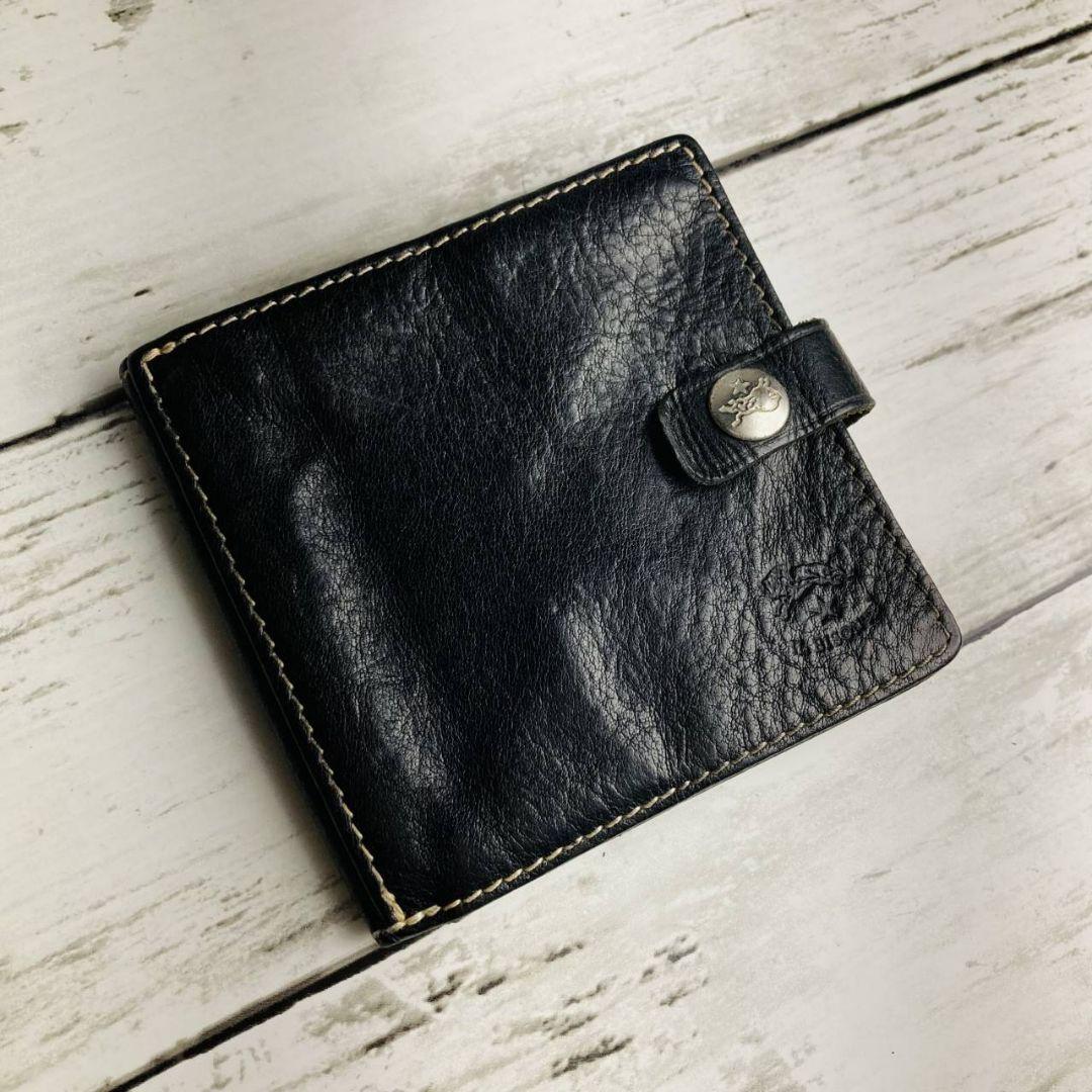 【希少　高級感漂う本革】ILBISONTE　折財布　黒　メタルボタン　白ステッチ