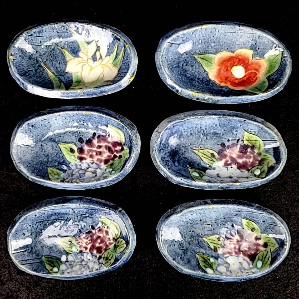 ♪美品♪陶あん　色絵付け　花変わり　醤油皿　小皿　豆皿　6枚